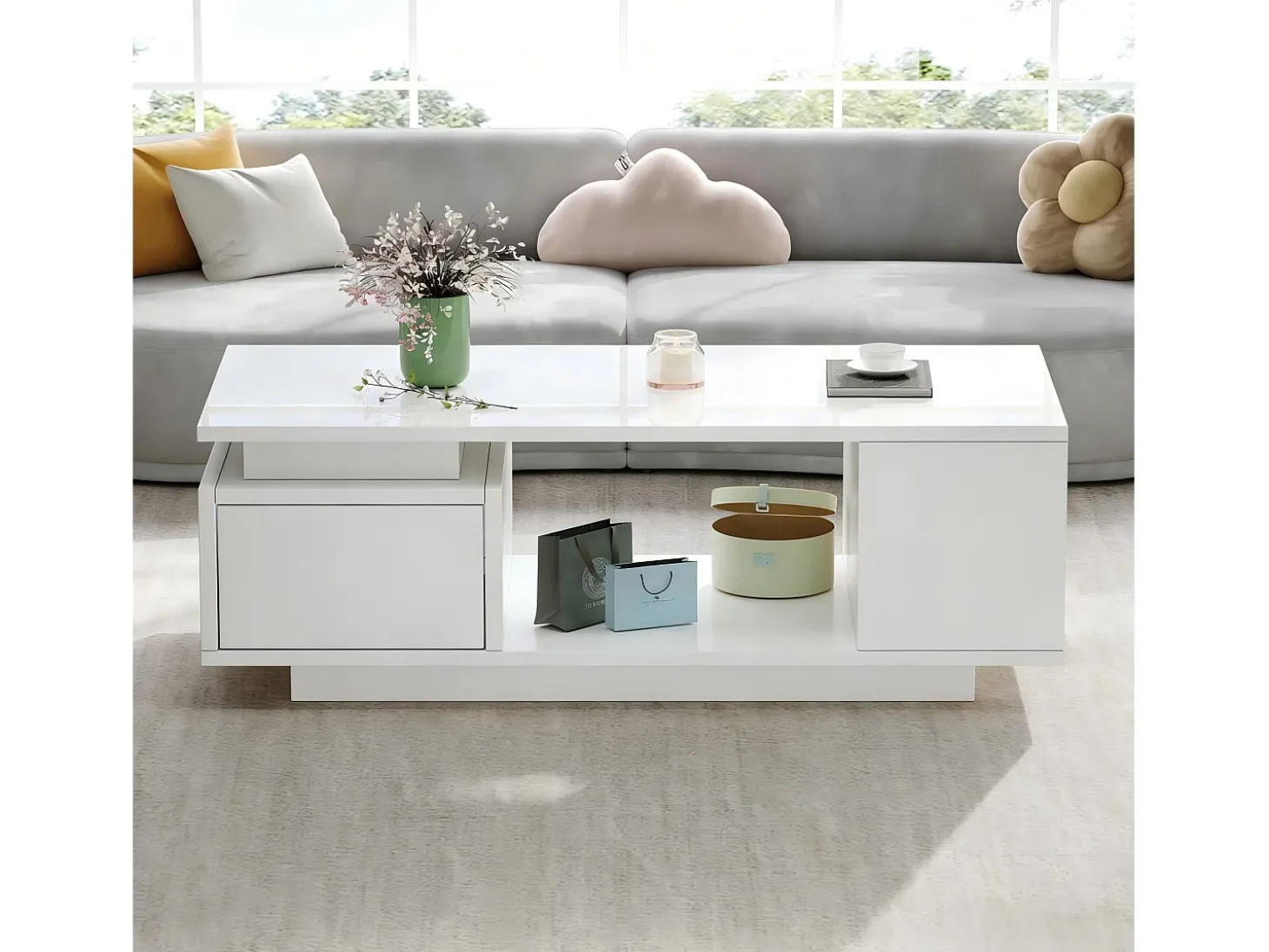 Mesa de centro 100 x 50 x 36 cm com gaveta, LED - Branca