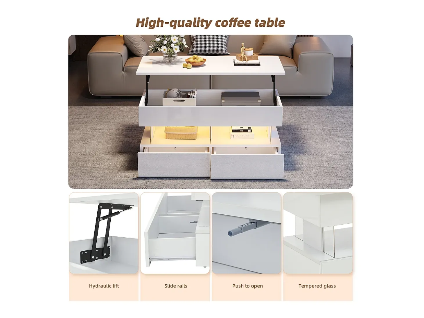 Mesa de centro ajustável 100×50×46 cm - com iluminação LED - 2 gavetas - MDF + vidro temperado - branco