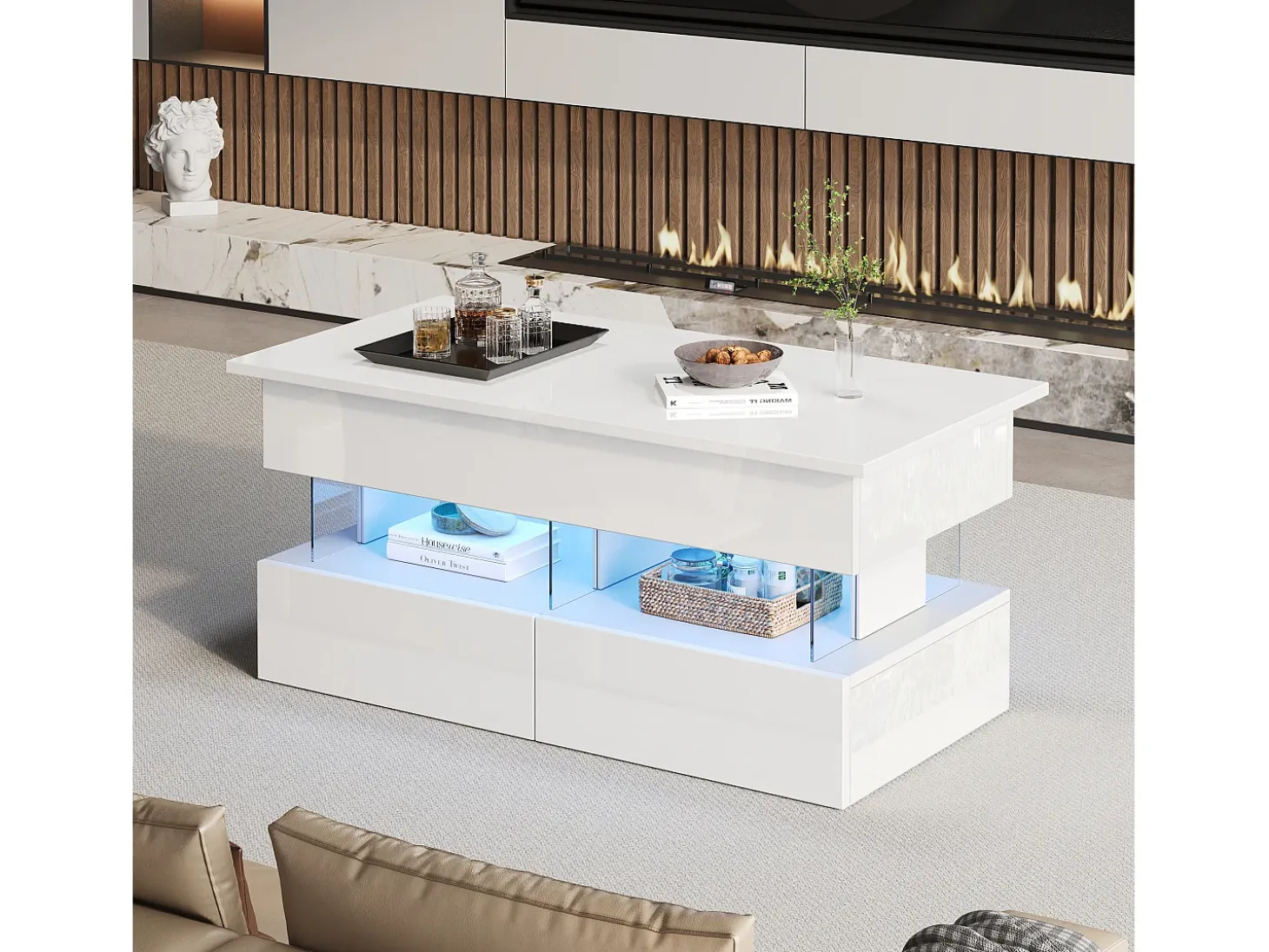 Mesa de centro ajustável 100×50×46 cm - com iluminação LED - 2 gavetas - MDF + vidro temperado - branco