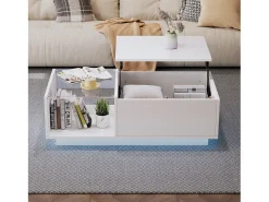 Mesa de centro ajustável - 100 x 50 x 33 cm - com LEDs + armazenamento oculto + prateleira - aglomerado - branco