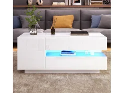 Mesa de centro ajustável 95×50×34,5 cm - Acabamento brilhante - 1 gaveta e 1 porta - Iluminação LED - Branco