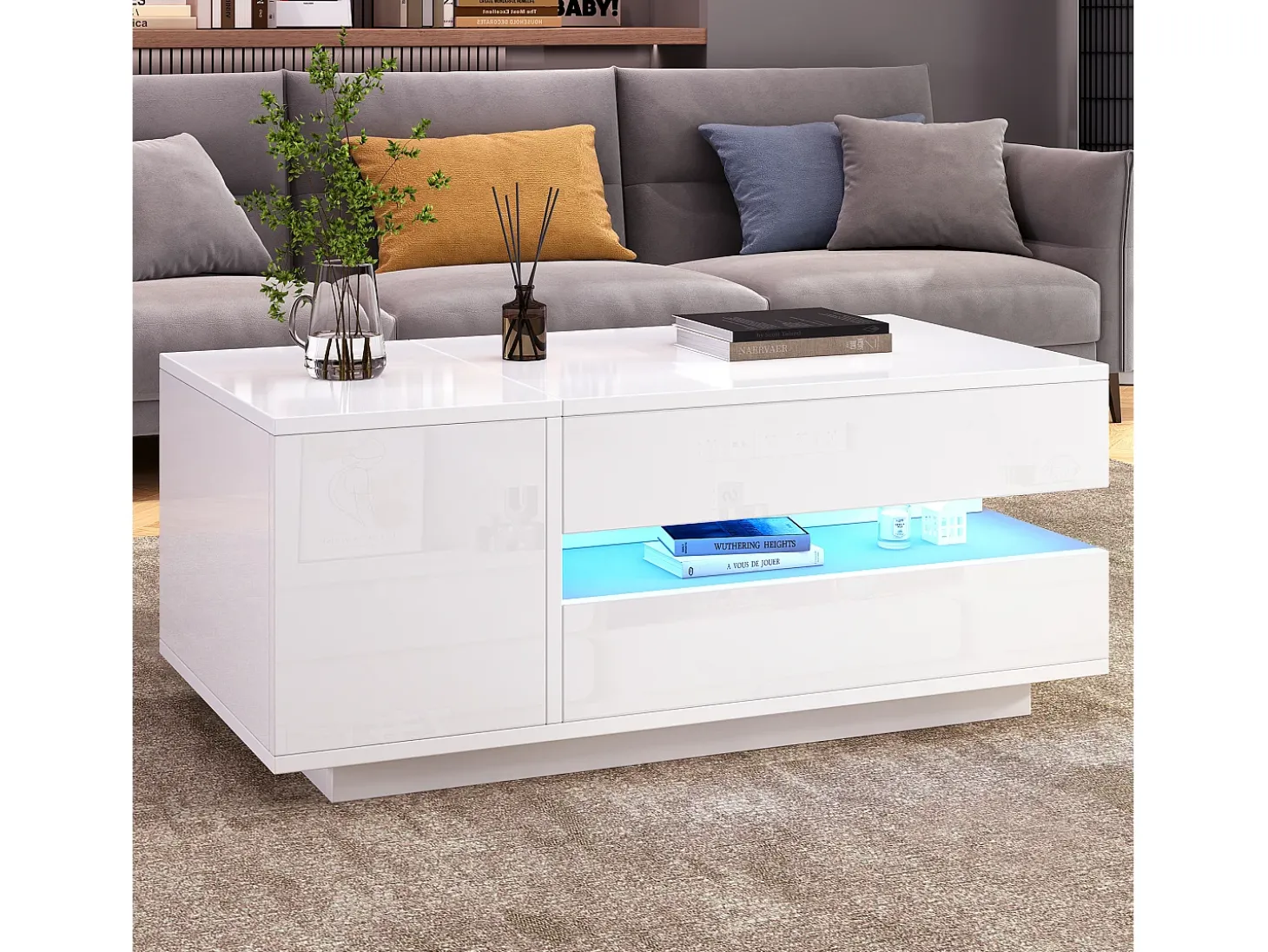 Mesa de centro ajustável 95×50×34,5 cm - Acabamento brilhante - 1 gaveta e 1 porta - Iluminação LED - Branco