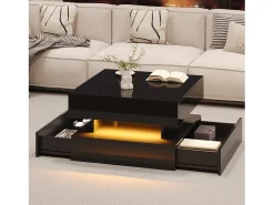 Mesa de centro ajustável 65×65×38,5 cm - acabamento brilhante - com iluminação LED - 2 gavetas - preto