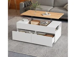Mesa de centro ajustável 100×50×40 cm - com 2 gavetas - MDF - branco + natural