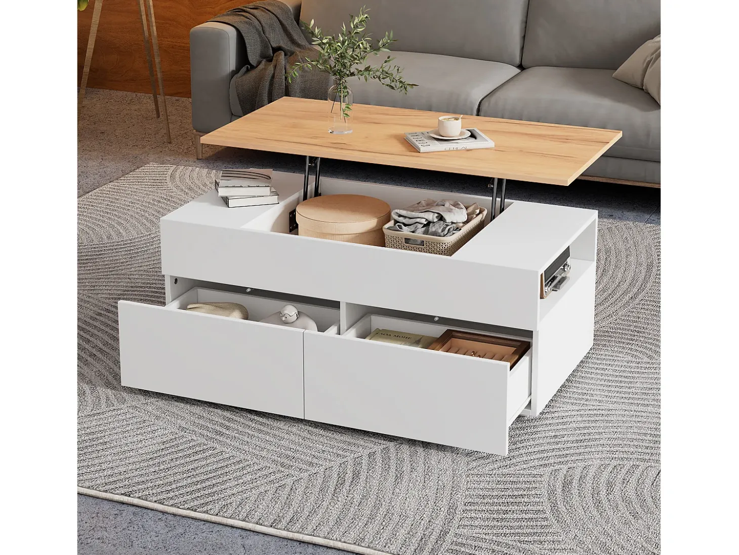 Mesa de centro ajustável 100×50×40 cm - com 2 gavetas - MDF - branco + natural