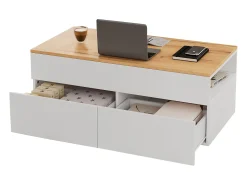 Mesa de centro ajustável 100×50×40 cm - com 2 gavetas - MDF - branco + natural