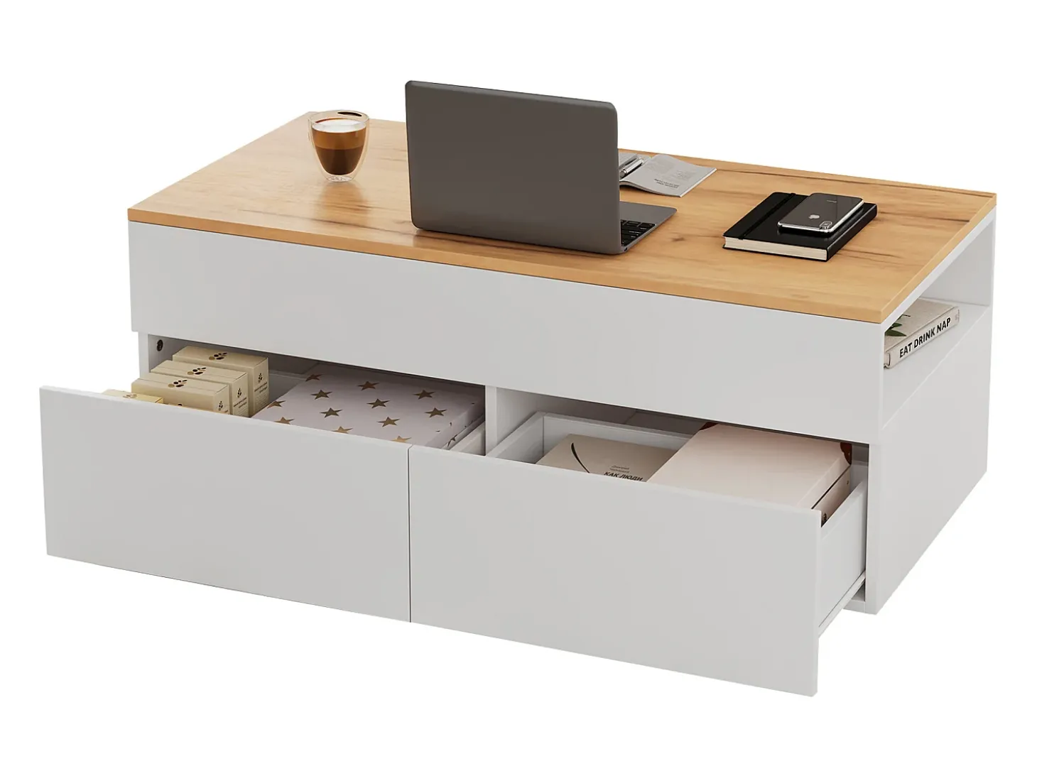 Mesa de centro ajustável 100×50×40 cm - com 2 gavetas - MDF - branco + natural