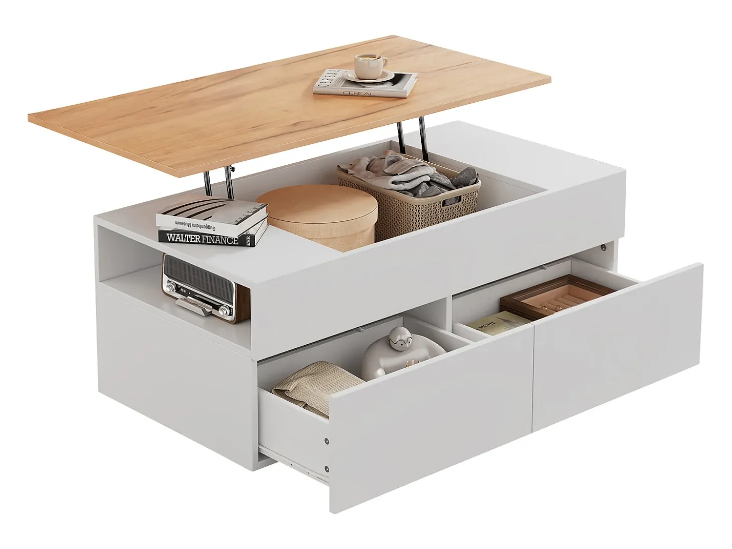 Mesa de centro ajustável 100×50×40 cm - com 2 gavetas - MDF - branco + natural