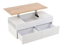 Mesa de centro ajustável 100×50×40 cm - com 2 gavetas - MDF - branco + natural