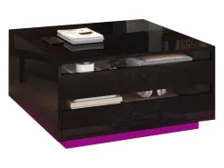 Mesa de centro ajustável 70×70×38 cm - com fita LED - com 1 gaveta e porta basculante - preto