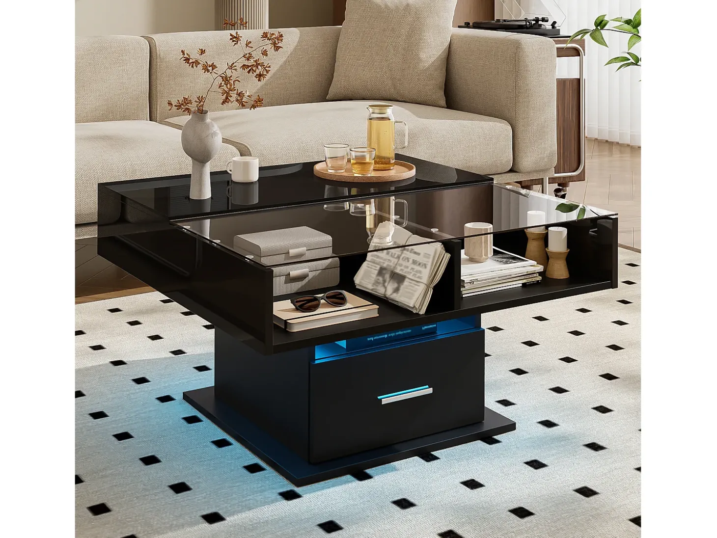 Mesa de centro ajustável 78×78×45,5 cm - com iluminação LED - 1 gaveta - prateleiras abertas - preto