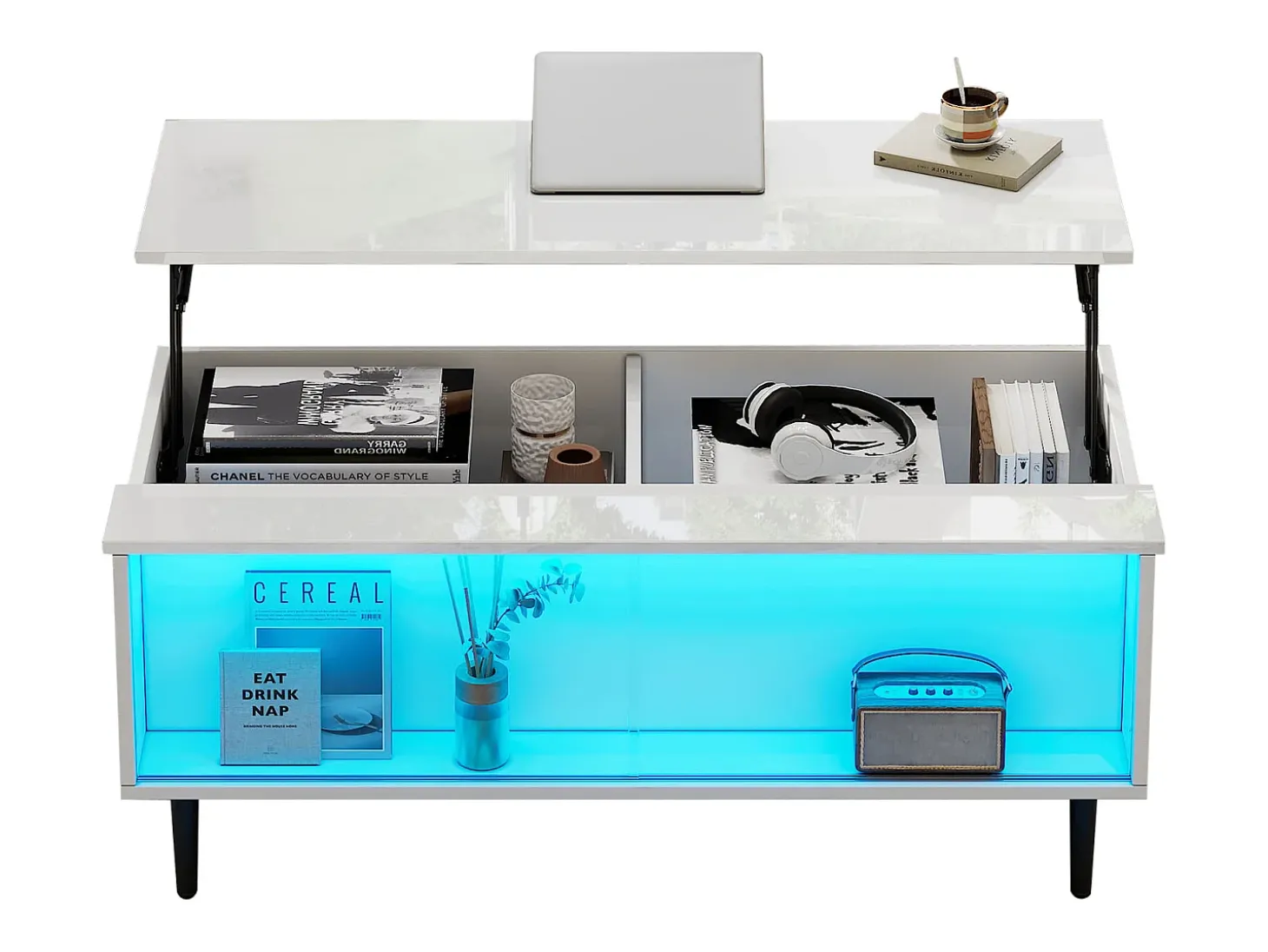 Mesa de centro ajustável 105×50×43 cm - com iluminação LED - tampo de vidro temperado - branco