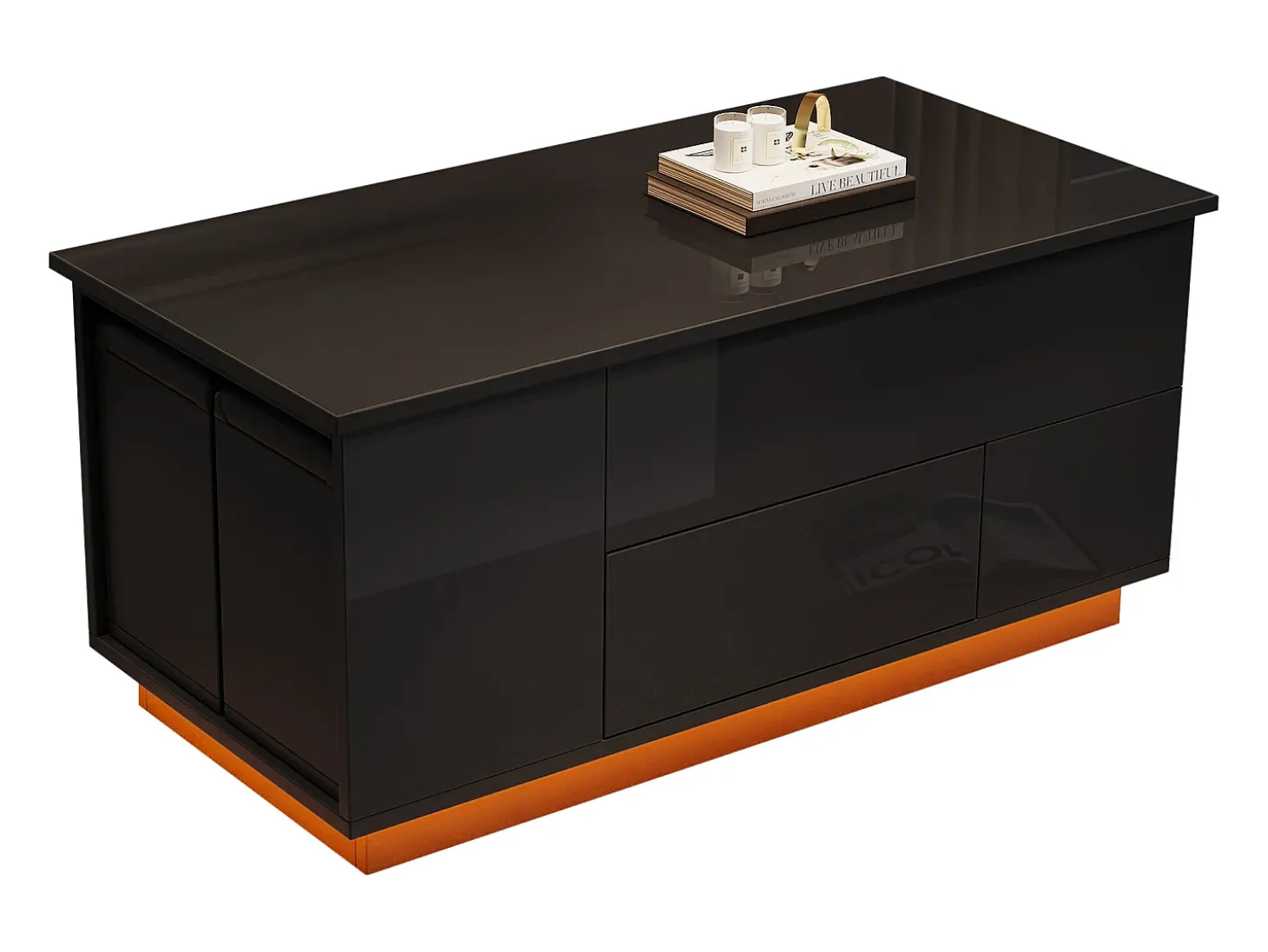 Mesa de centro ajustável 100×50×45 cm - com iluminação LED - acabamento brilhante - com 2 gavetas e 2 banquetas - preto