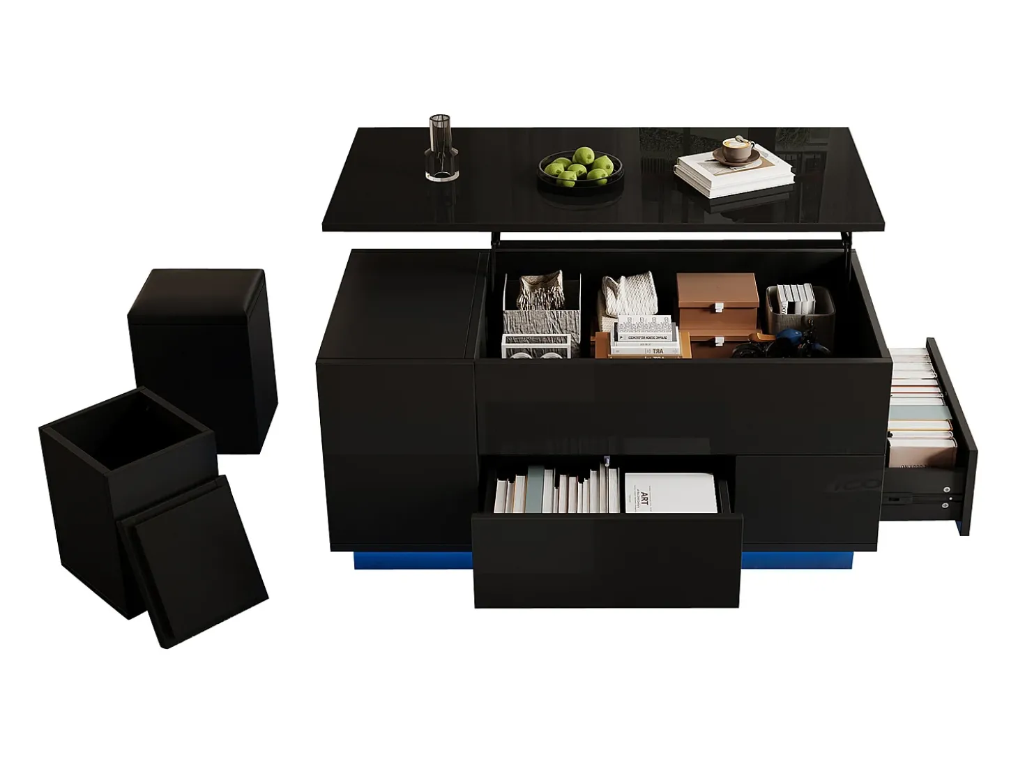 Mesa de centro ajustável 100×50×45 cm - com iluminação LED - acabamento brilhante - com 2 gavetas e 2 banquetas - preto