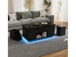 Mesa de centro ajustável 100×50×45 cm - com iluminação LED - acabamento brilhante - com 2 gavetas e 2 banquetas - preto