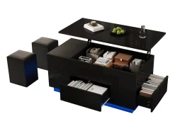 Mesa de centro ajustável 100×50×45 cm - com iluminação LED - acabamento brilhante - com 2 gavetas e 2 banquetas - preto