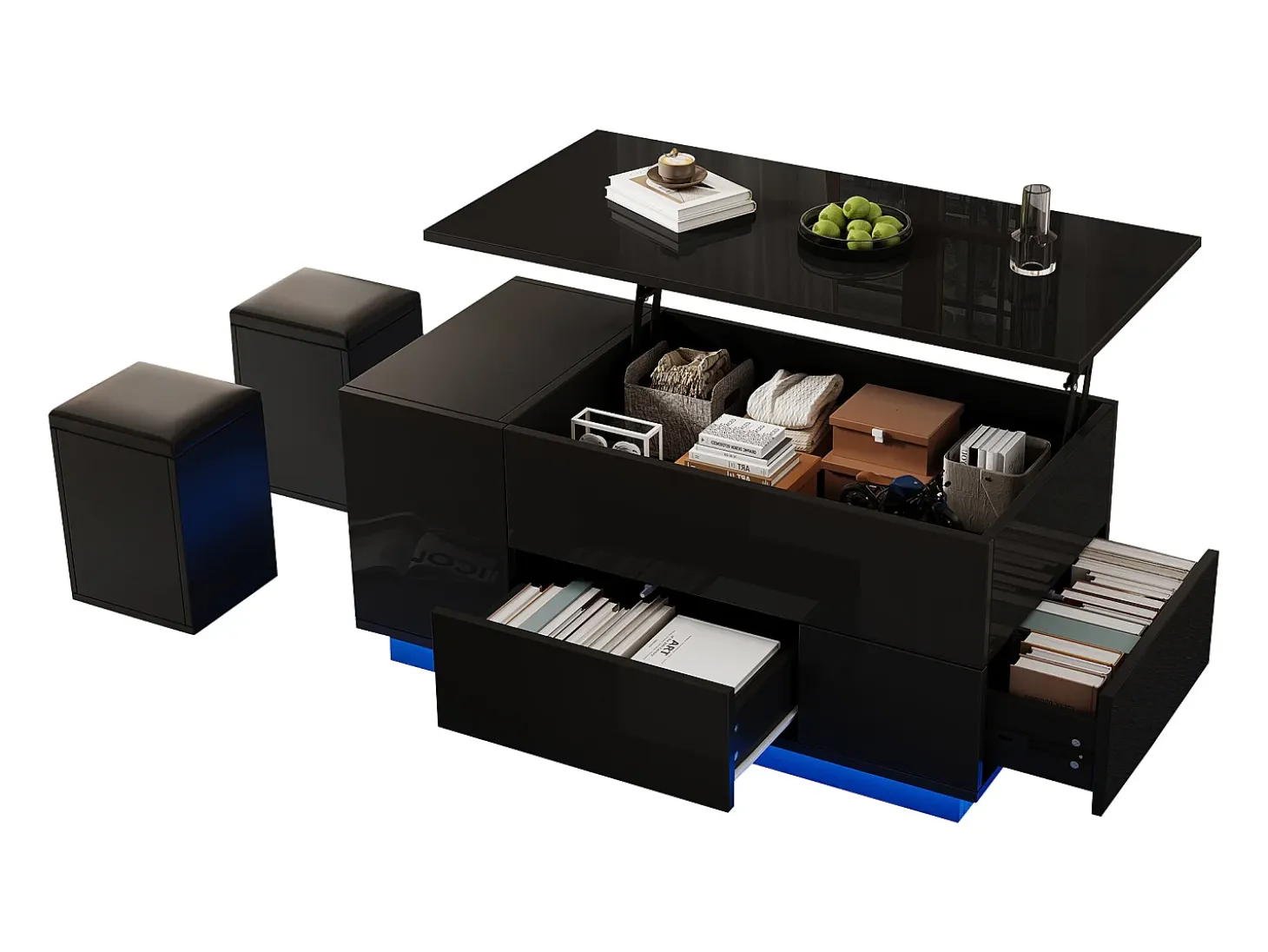 Mesa de centro ajustável 100×50×45 cm - com iluminação LED - acabamento brilhante - com 2 gavetas e 2 banquetas - preto