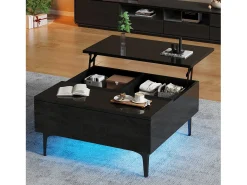Mesa de centro ajustável - 70 x 70 x 35 cm - com 1 gaveta + prateleiras ocultas + LEDs - MDF - preto
