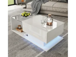 Mesa de centro ajustável alto brilho 100×50×47,5 cm - Tampo de vidro - Iluminação LED - Painéis de partículas - branco