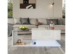 Mesa de centro ajustável alto brilho 100×50×47,5 cm - Tampo de vidro - Iluminação LED - Painéis de partículas - branco