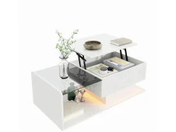 Mesa de centro ajustável alto brilho 100×50×47,5 cm - Tampo de vidro - Iluminação LED - Painéis de partículas - branco