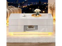 Mesa de centro ajustável em altura 100x45x43 cm - Com 2 gavetas e iluminação LED - Superfície brilhante - Painéis de partículas - Branco