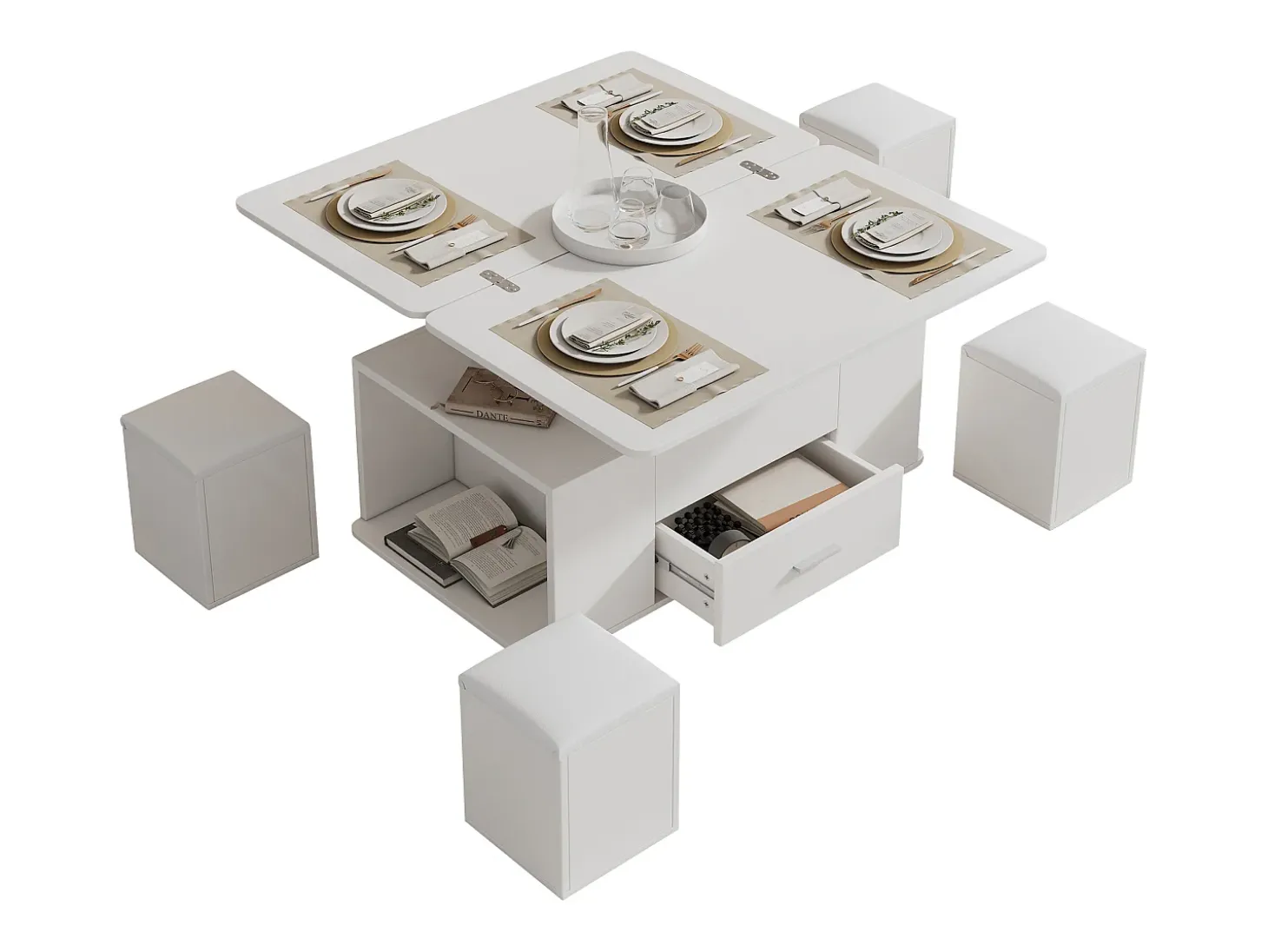 Mesa de centro ajustável em altura 100x50x45cm - multifuncional 4 em 1 - com 1 gaveta - com 4 banquinhos - branca