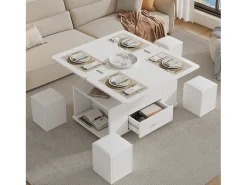 Mesa de centro ajustável em altura 100x50x45cm - multifuncional 4 em 1 - com 1 gaveta - com 4 banquinhos - branca