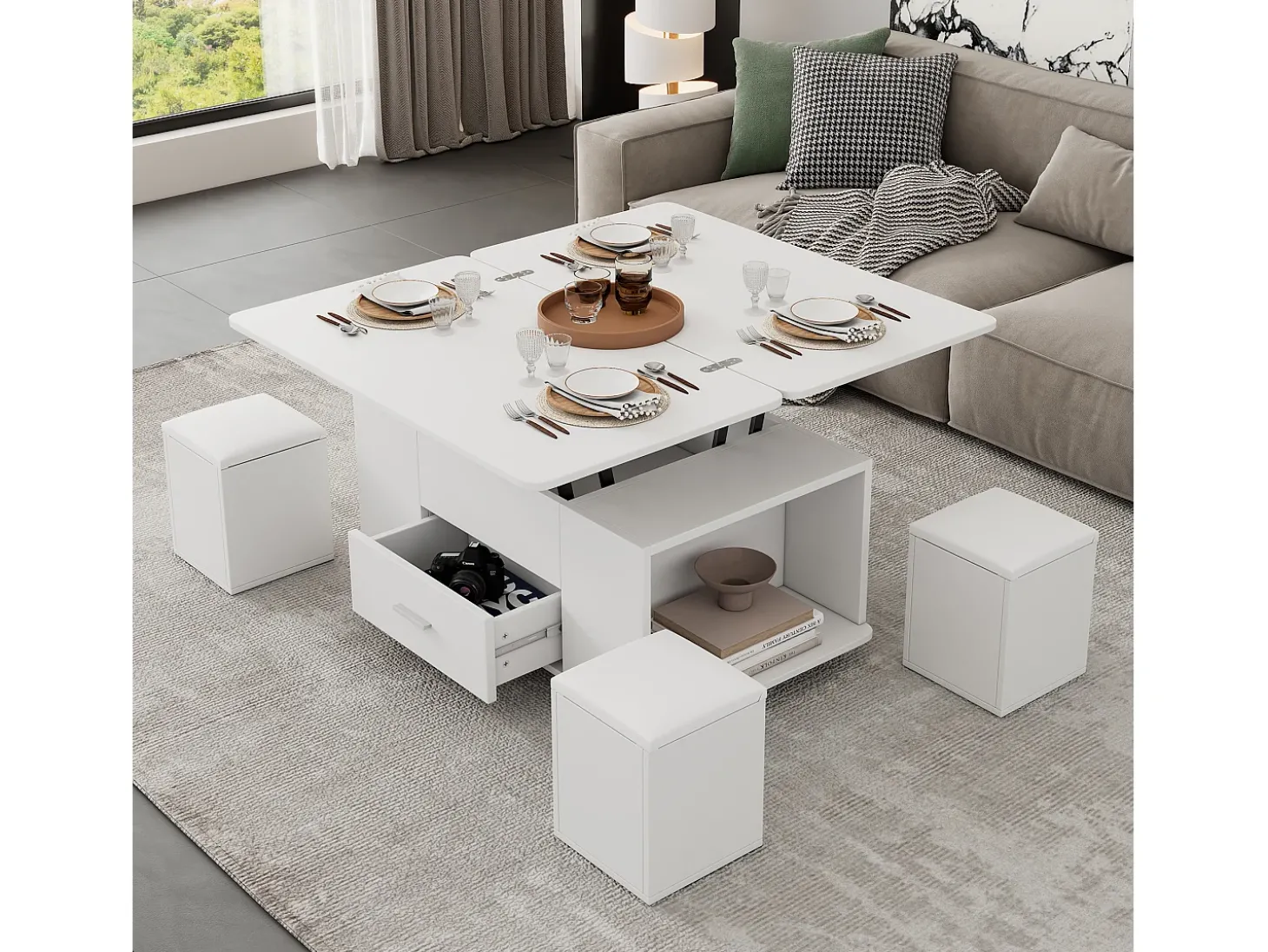 Mesa de centro ajustável em altura 100x50x45cm - multifuncional 4 em 1 - com 1 gaveta - com 4 banquinhos - branca