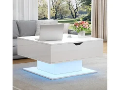 Mesa de centro ajustável em altura 80x77x40 cm - Design de alto brilho - Com iluminação LED - Armazenamento semiaberto - Branco