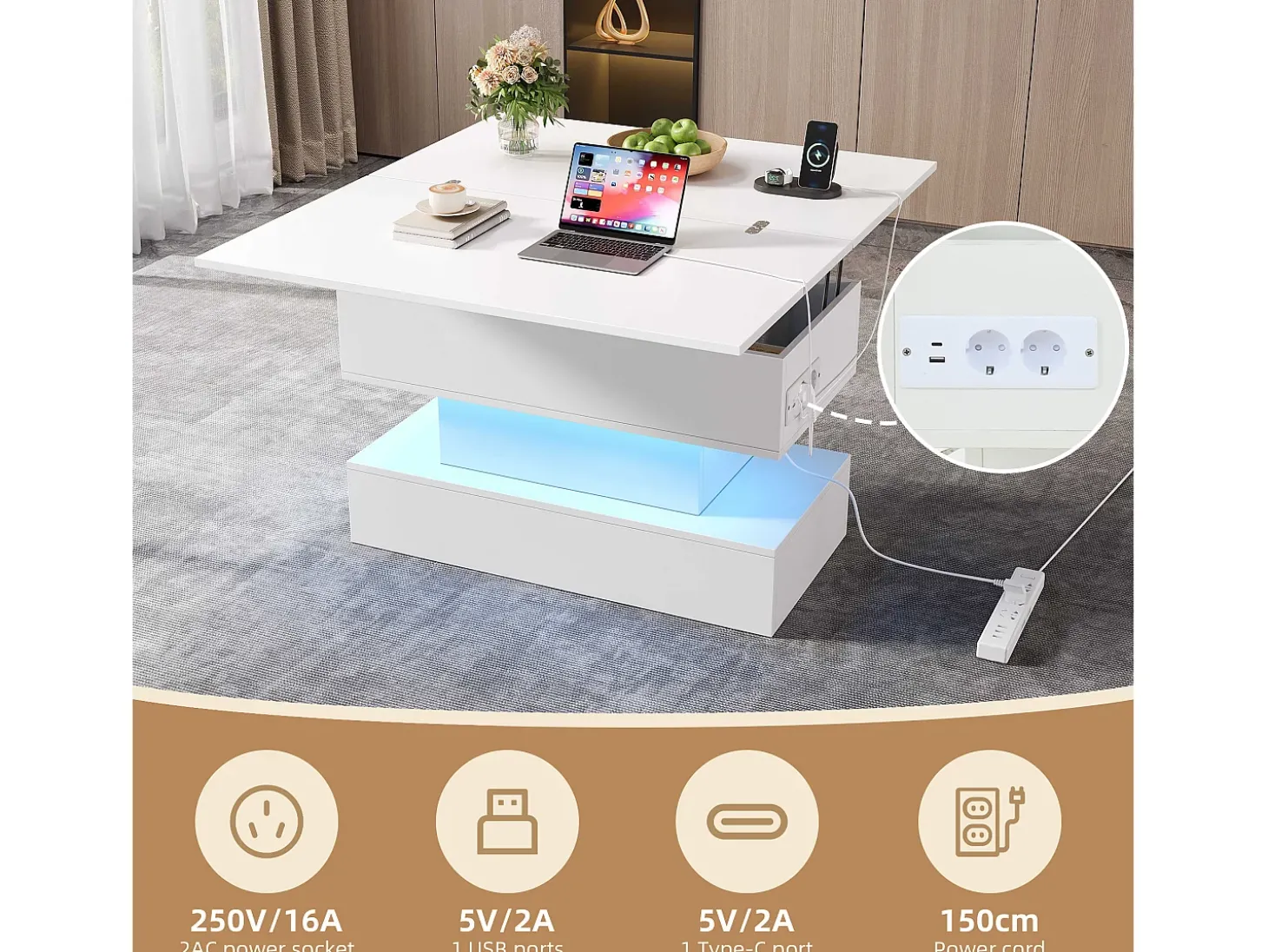 Mesa de centro ajustável em altura 100x50x51,5 cm - com portas USB e Type-C - com iluminação LED - Branco