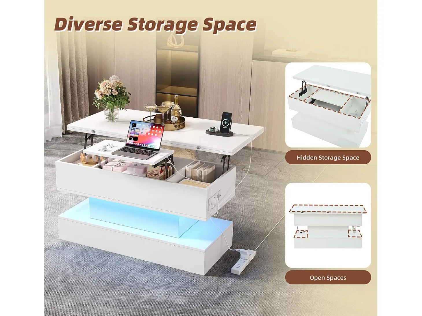 Mesa de centro ajustável em altura 100x50x51,5 cm - com portas USB e Type-C - com iluminação LED - Branco