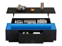 Mesa de centro ajustável em altura 96x45x40cm - com armazenamento oculto - com 1 gaveta - com iluminação LED - preta