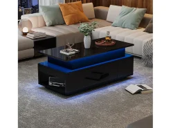 Mesa de centro ajustável em altura 96x45x40cm - com armazenamento oculto - com 1 gaveta - com iluminação LED - preta