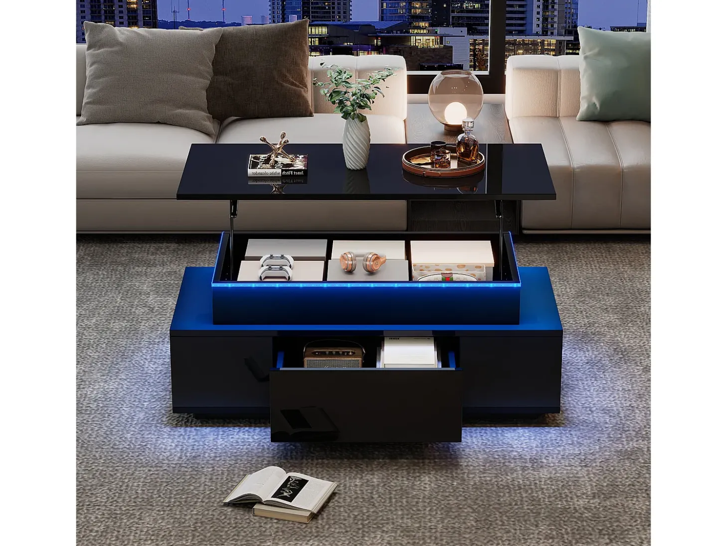 Mesa de centro ajustável em altura 96x45x40cm - com armazenamento oculto - com 1 gaveta - com iluminação LED - preta
