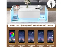 Mesa de centro alto brilho 100x50x31 cm - 1 gaveta - com iluminação LED - Vidro temperado - Branco