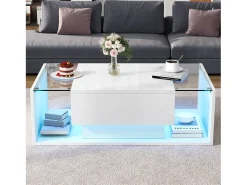 Mesa de centro alto brilho 100x50x31 cm - 1 gaveta - com iluminação LED - Vidro temperado - Branco