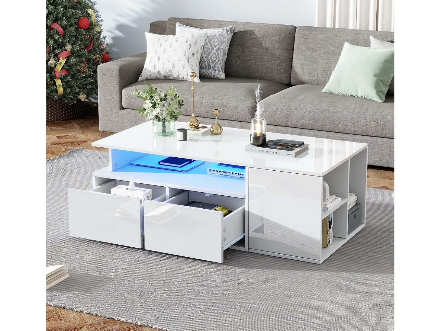 Mesa de centro alto brilho 100×50×35 cm - com iluminação LED - 2 gavetas - 3 compartimentos - branco