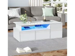 Mesa de centro alto brilho 100×50×35 cm - com iluminação LED - 2 gavetas - 3 compartimentos - branco