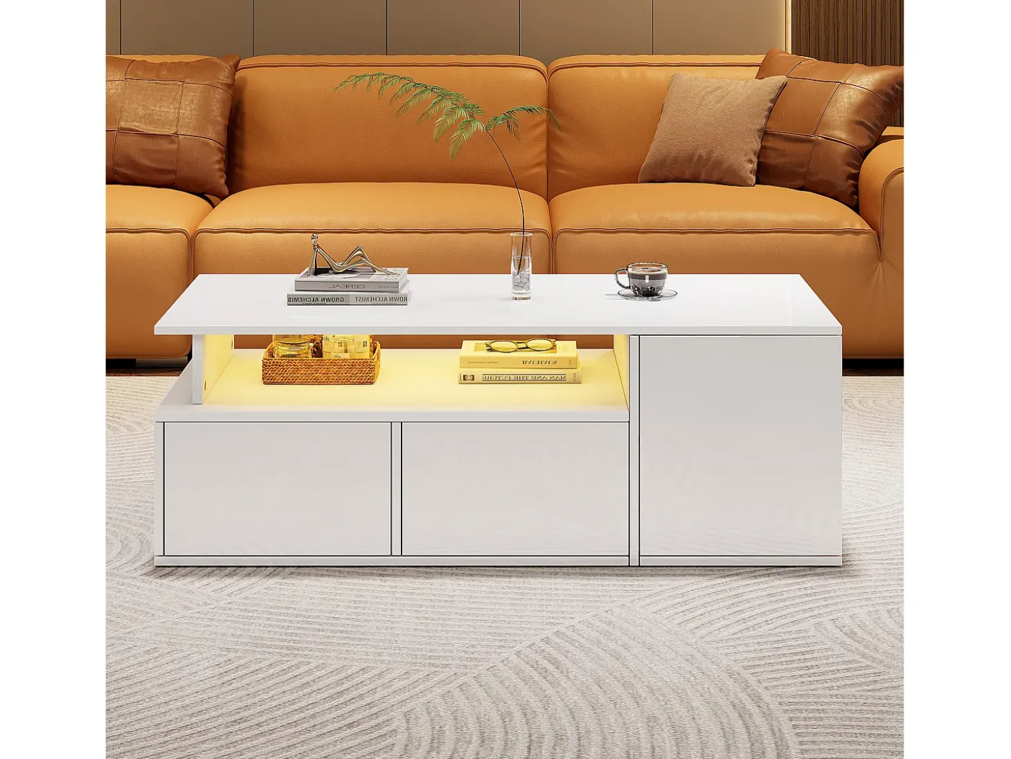 Mesa de centro alto brilho 100×50×35 cm - com iluminação LED - 2 gavetas - 3 compartimentos - branco