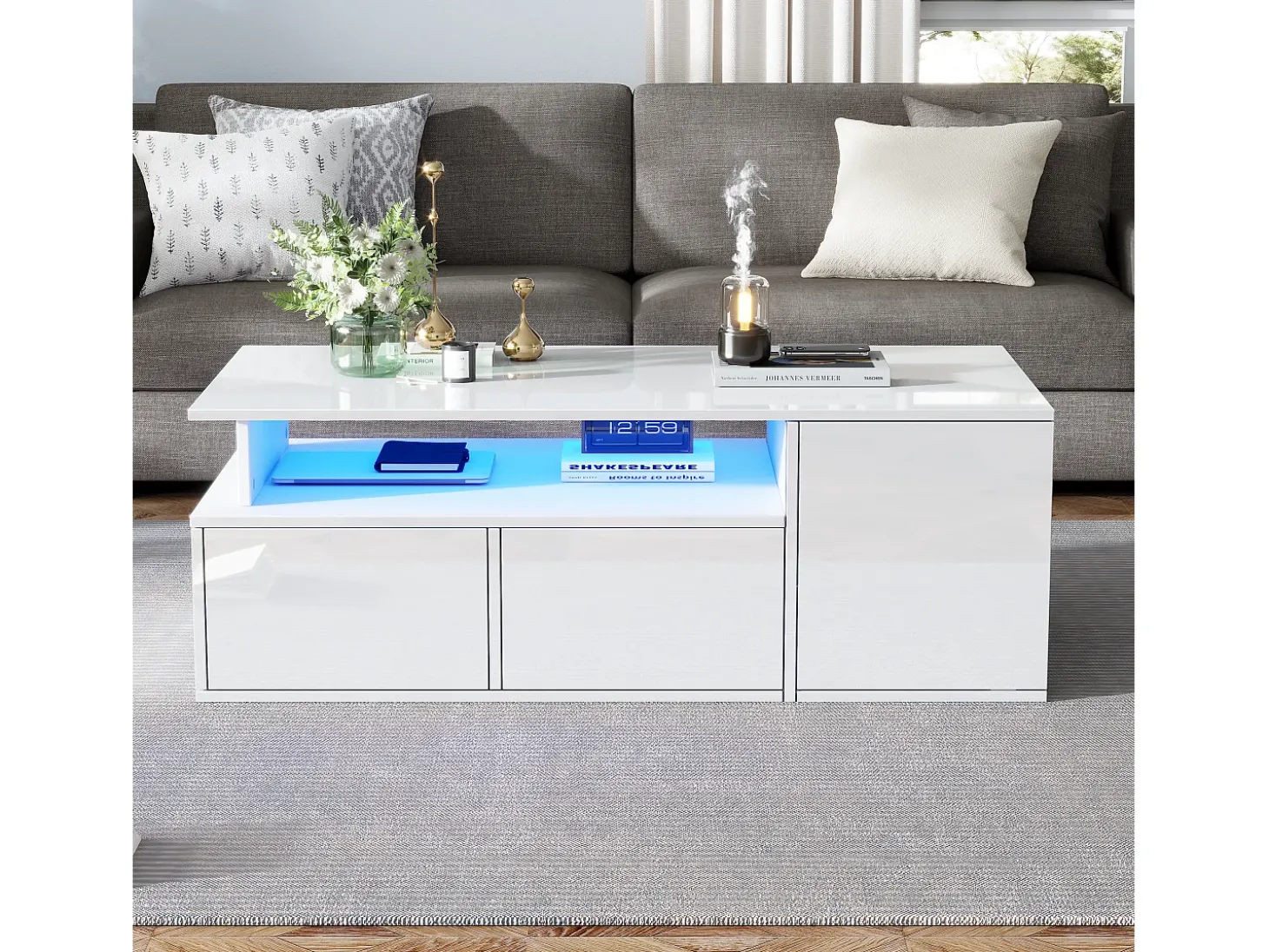 Mesa de centro alto brilho 100×50×35 cm - com iluminação LED - 2 gavetas - 3 compartimentos - branco