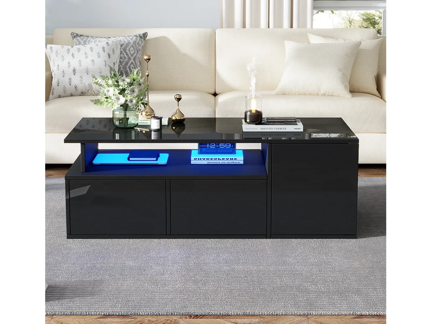 Mesa de centro alto brilho 100×50×35 cm - com iluminação LED - 2 gavetas - 3 compartimentos - preto