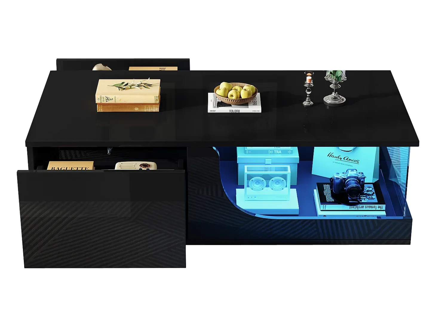 Mesa de centro alto brilho 100x50x30 cm - com 2 gavetas - com iluminação LED - vidro temperado - MDF - preto