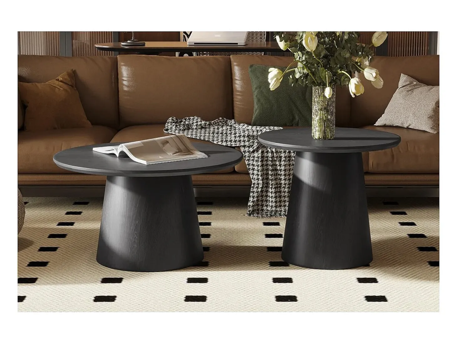 Mesa de Centro BOKOR – Cor marrom escuro – Mesa de centro redonda 60x60 cm – MDF – Design moderno e compacto