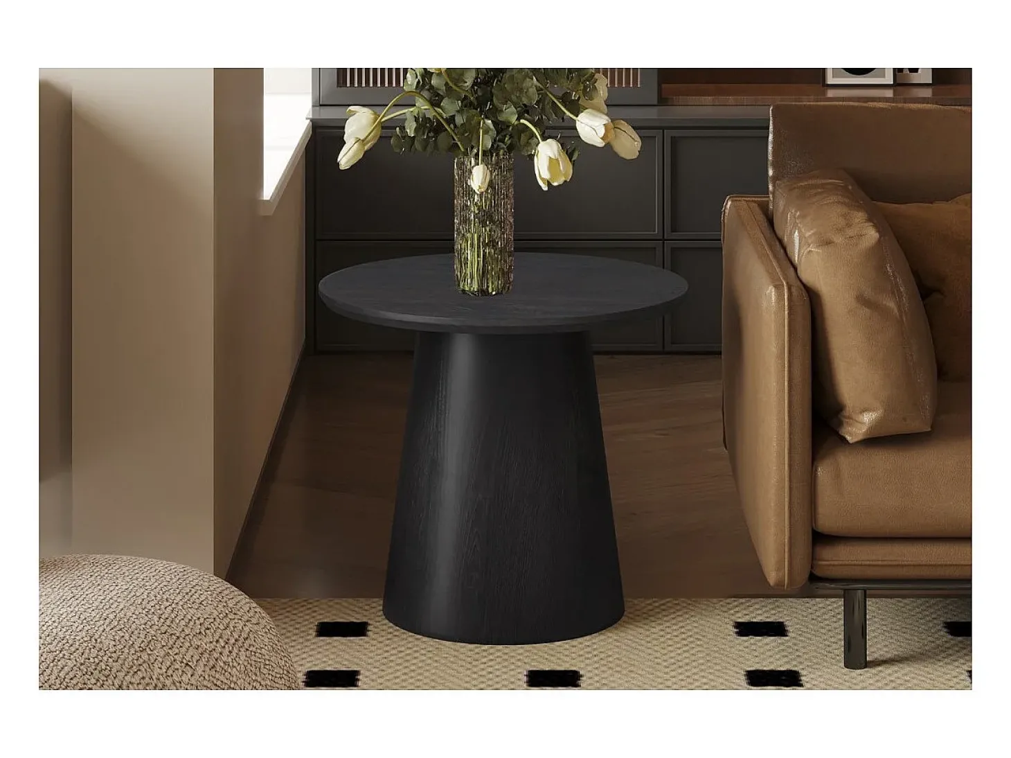 Mesa de Centro BOKOR – Cor marrom escuro – Mesa de centro redonda 60x60 cm – MDF – Design moderno e compacto