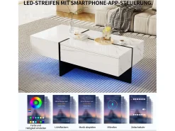 Mesa de centro branca alto brilho, mesa de sala, tampo em mármore com LED, 100 x 50 x 34,5 cm