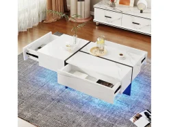 Mesa de centro branca alto brilho, mesa de sala, tampo em mármore com LED, 100 x 50 x 34,5 cm