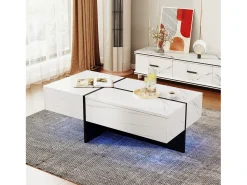 Mesa de centro branca alto brilho, mesa de sala, tampo em mármore com LED, 100 x 50 x 34,5 cm