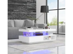 Mesa de centro branca brilhante 95x50x42,5 cm - com 4 tampos de vidro, 2 gavetas e 2 compartimentos abertos, armário baixo na sala, mesa de centro
