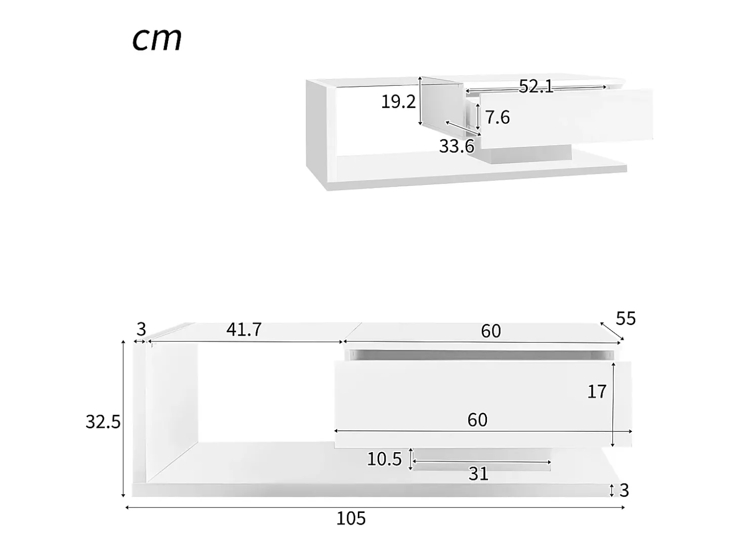 Mesa de centro branca brilhante com gaveta e LED, tampo em vidro 105x55x32,5cm